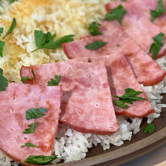 Crispy Rice with Ham and Greens
