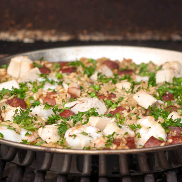 Paella on the Grill with Sausage and Shrimp