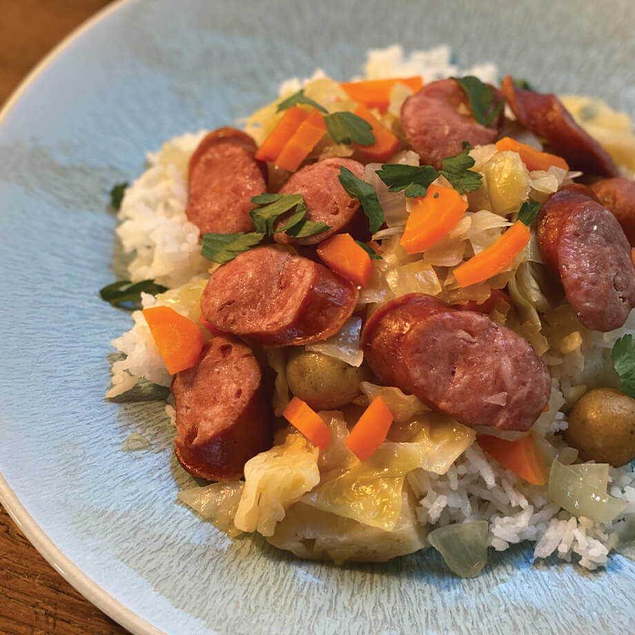 kielbasa slices with cabbage and rice