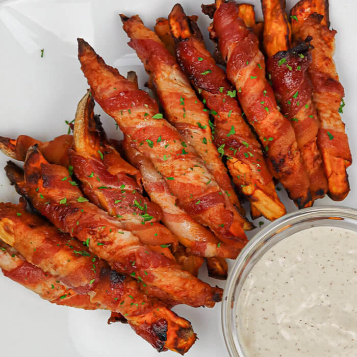 air fryer bacon wrapped sweet potatoes