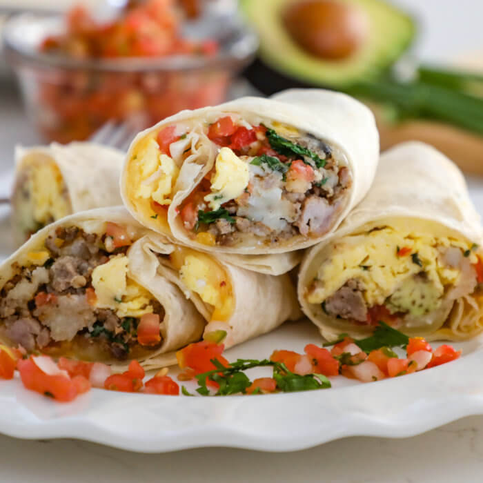 mexican breakfast burrito with spicy ground pork