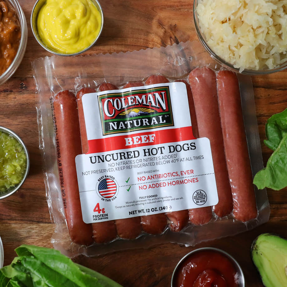coleman hot dog packaging on table with ingredients