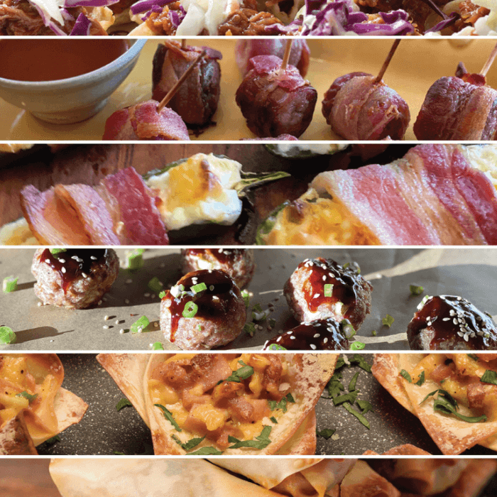 Pulled pork bites, bacon wrapped brat bites and other appetizers